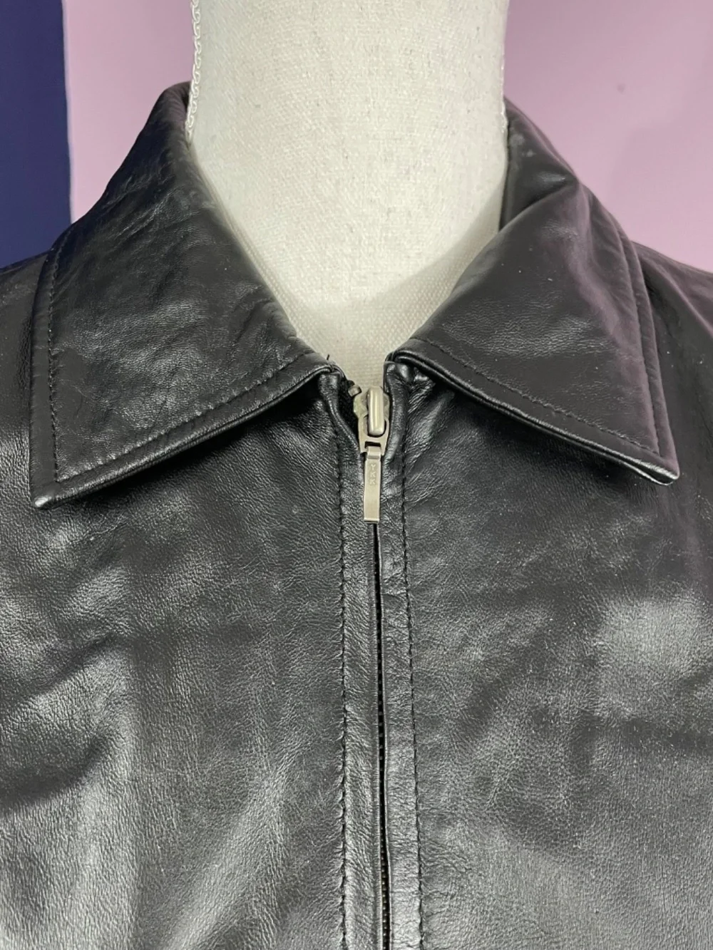 Lambskin Leather Biker Vest M Black Full Zip Collared Sleeveless Jacket Smooth